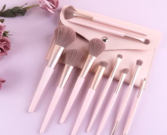 Ensemble de pinceaux de maquillage rose avec sac en PU, 10 pièces dans un kit de maquillage portable